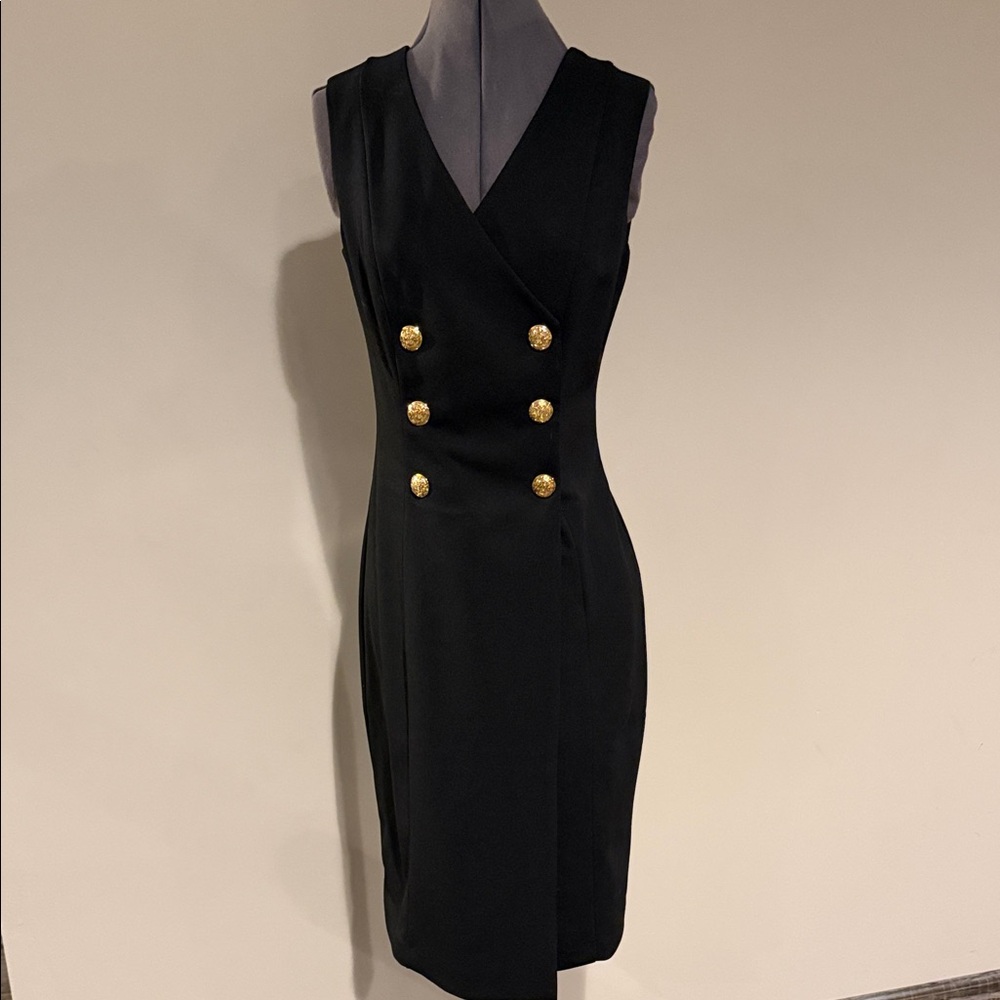 Sleeveless Black Double-Breasted Sheath Dress with Gold Buttons